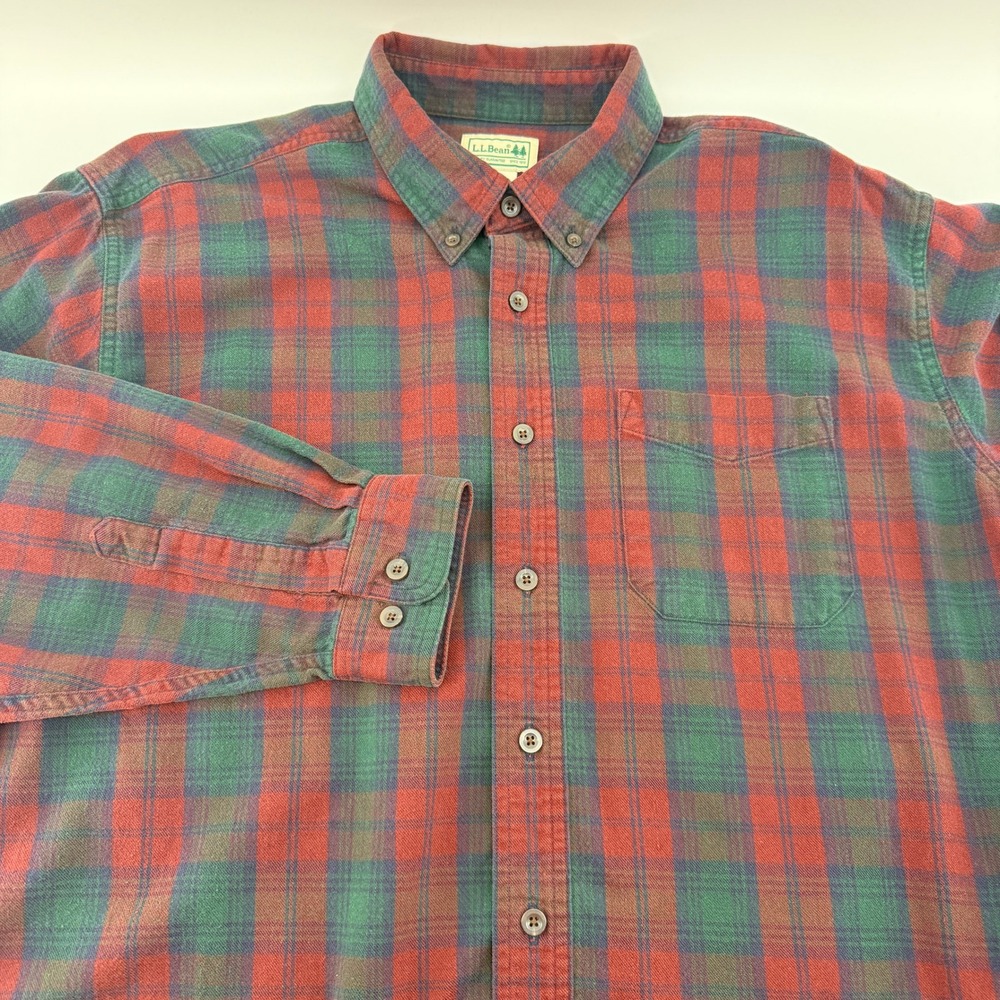 LL Bean Mens XL Regular Flannel Shirt Red Green Plaid Cotton Button Down 0BHF4